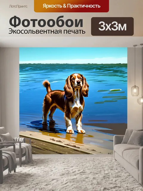 Фотообои кокер-спаниель, стоящий на краю берега озера, наблюдает за волнами, отражая синеву неба