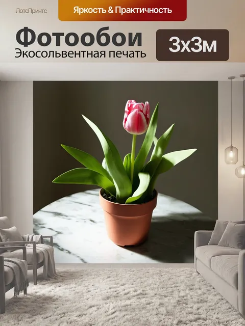 Фотообои тюльпан в горшке, искусно расположенный на мраморном столе, окружен зелеными листьями