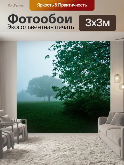 Фотообои листва в тумане, загадочные силуэты деревьев и кустарников, утренний туман, обнимающий листву