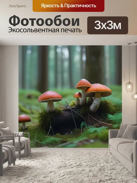Фотообои лесная поляна, полная необычных грибов