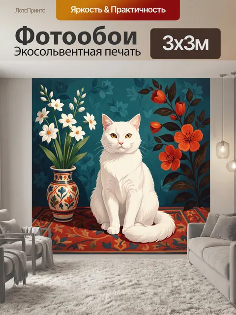 Фотообои Белый кот с цветами