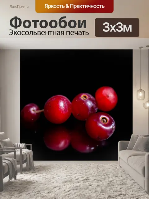 Фотообои красные ягоды на черной поверхности, создающие игру света и тени