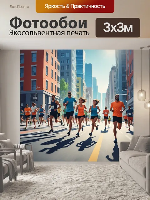 Фотообои город в стиле флэт с изображением бегущих людей, символизирующих динамичную жизнь города