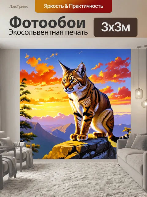 Фотообои рысь, сидящая на высоком скале, с видом на долину под ярким закатным небом