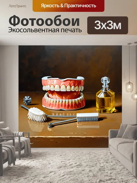 Фотообои создайте натюрморт с зубными протезами и принадлежностями для чистки зубов на деревянном столе