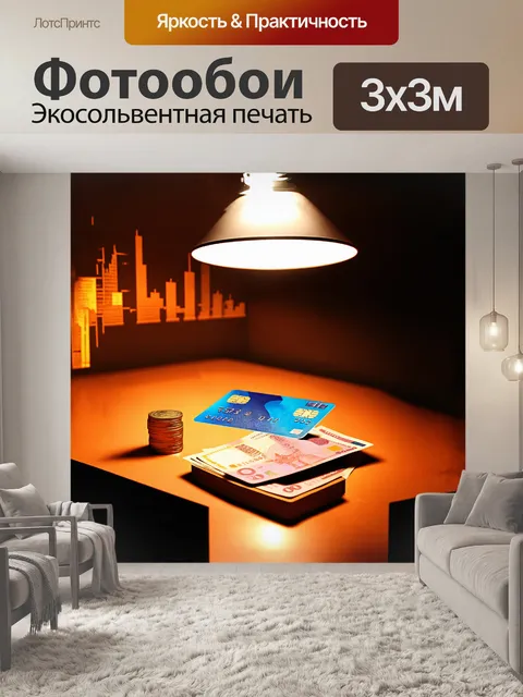 Фотообои кредитная карта, выложенная на столе, рядом с тонкой стопкой банкнот и монетами, мерцает в свете лампы…