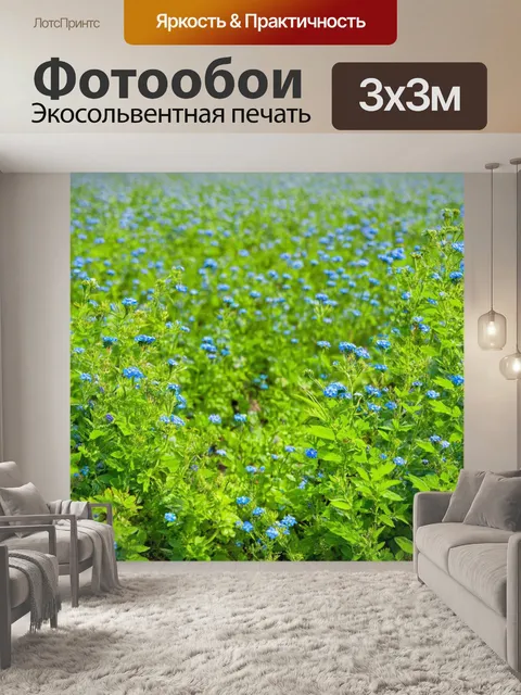 Фотообои поле, обрамленное зелеными листвой и синими цветами, создающее эффектный контраст природы