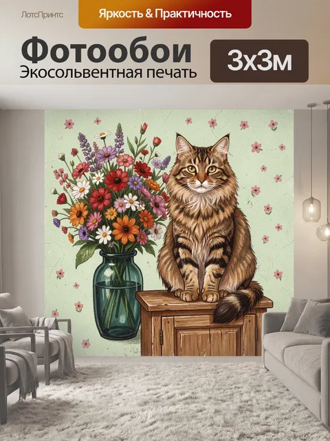 Фотообои Полосатый кот рядом с букетом