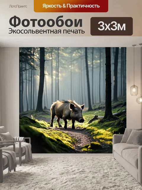 Фотообои туманный утренний пейзаж, где кабан, покрытый росой, исследует лес
