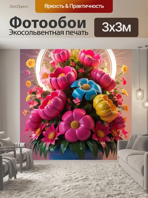 Фотообои 3D цветы, горячие розовые оттенки, электрик синие