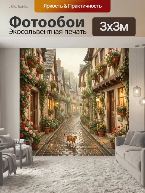 Фотообои Кот на цветочной улочке