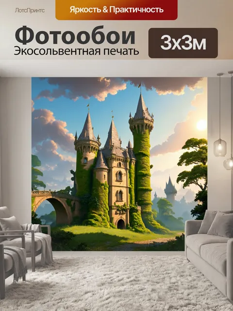 Фотообои бежевый старинный замок, усыпанный мохом, с высокими башнями и мостами, ведущими к живой зелени