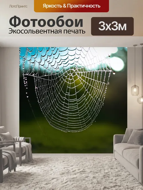Фотообои паттерн с каплями росы на паутине, сверкающими на утреннем солнце, создавая ощущение свежести