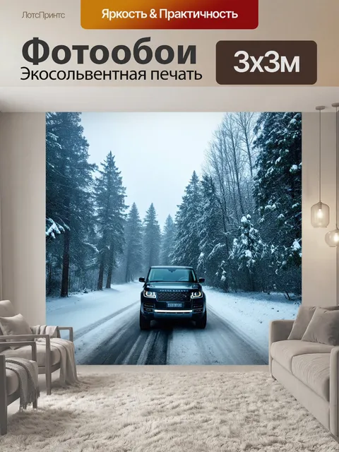 Фотообои Чёрный внедорожник на снежной дороге, окружённой снежными деревьями