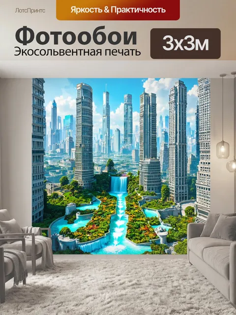 Фотообои город в стиле фэнтези, где небоскрёбы покрыты зелеными садами и искусственными водопадами