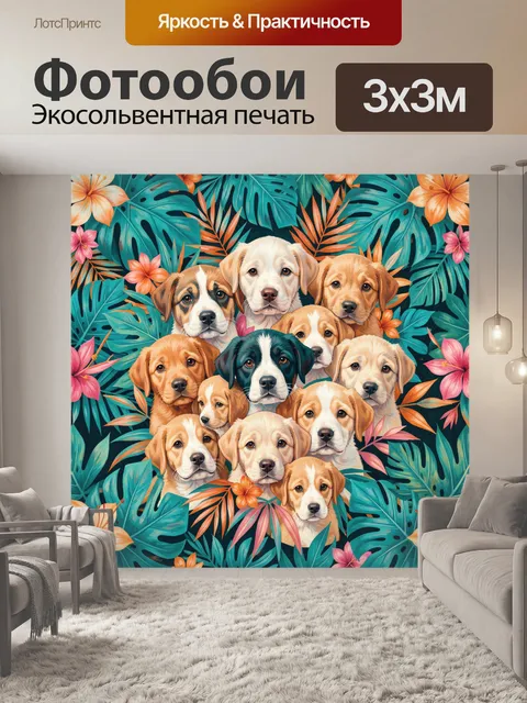 Фотообои Щенки среди тропических листьев