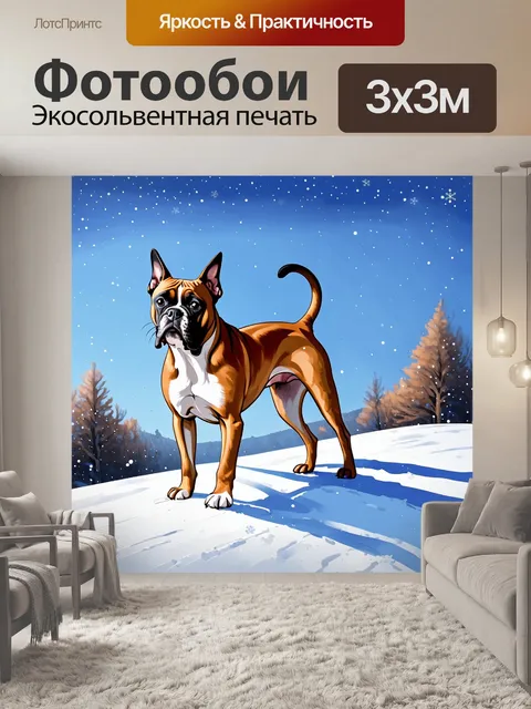 Фотообои боксер-бобтейл стоит на заснеженном холме, соперничая с холодным зимним ветром, его шерсть вздымается на ветру