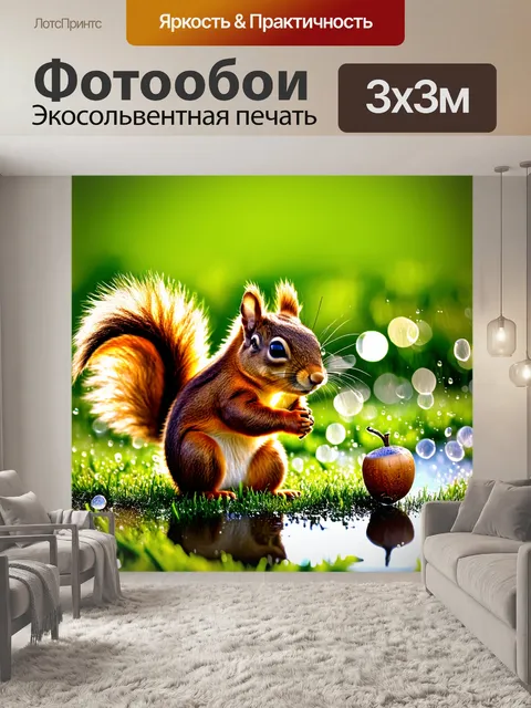 Фотообои коричневая белка, играющая с желудем на фоне зеленого луга, покрытого свежей росой