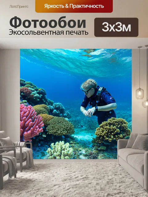 Фотообои создайте изображение морского биолога, исследующего коралловый риф под водой