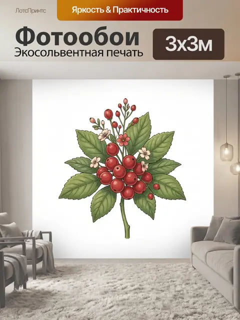 Фотообои Ветка красных ягод с цветами