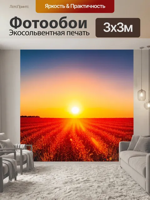 Фотообои живописный закат над полем, где теплые оранжевые и красные восходят в небо