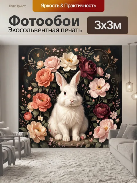 Фотообои Белый кролик среди цветов