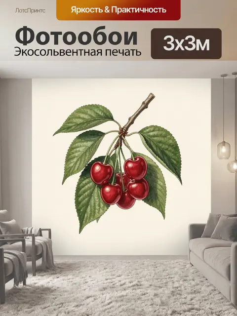 Фотообои Ветка спелой черешни с листьями