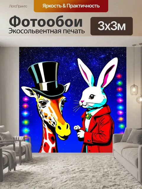 Фотообои под звёздным небом, жираф в цилиндре и зайчонок в пальто обсуждают звёзды, окружённые цветными огнями, с…
