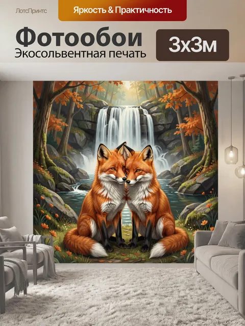 Фотообои Две лисы у водопада