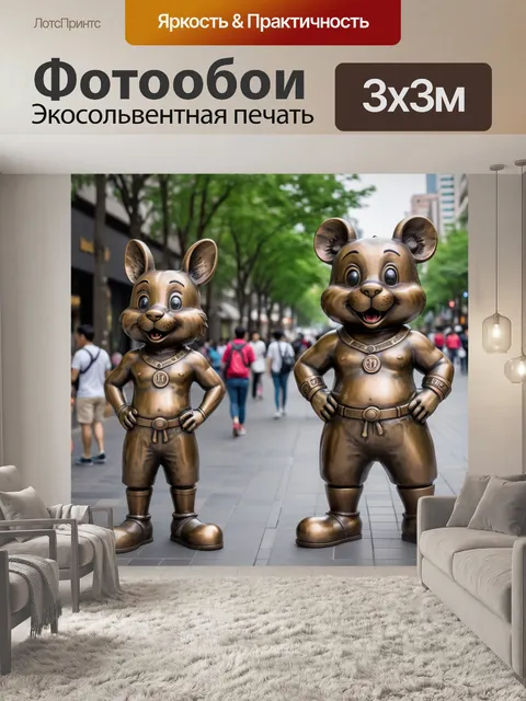 Фотообои город в стиле маскот, бронзовые статуи маскотов, установленные в разных точках города