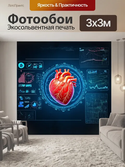 Фотообои сердце, представленное в виде механизма, окруженного сложными схемами и графиками, отображающими параметры…
