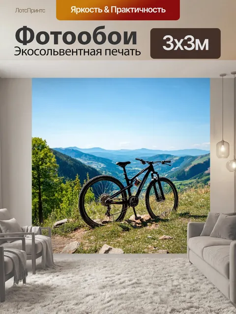 Фотообои горный велосипед на вершине холма с захватывающим видом на долину