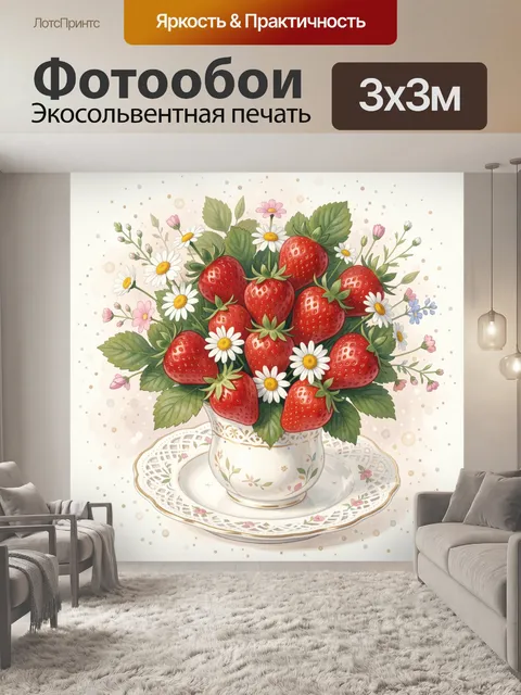 Фотообои Клубника и ромашки в вазе
