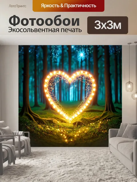 Фотообои сердечко, излучающее свет, в центре волшебного леса с мигающими огнями