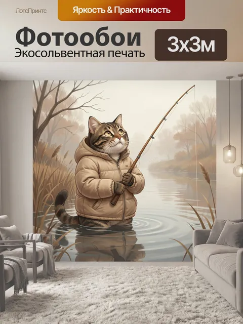 Фотообои Кот-рыболов в осеннем лесу