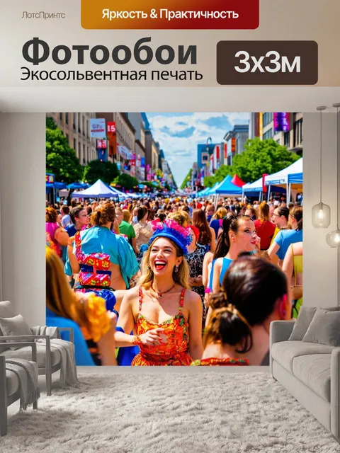 Фотообои город в стиле модернизм, городской фестиваль, уличные performers, атмосфера веселья, веселые лица людей
