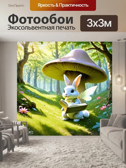 Фотообои в сказочном лесу, где растут гигантские грибы и трудятся милые лесные феи, белый кролик читает книгу…