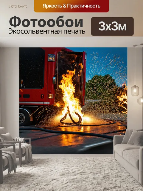 Фотообои огромный, ярко-красный пожарный автомобиль стоит на обочине дороги, его светоотражающие элементы искрятся на…