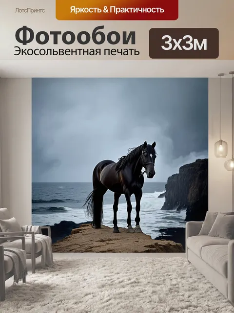 Фотообои лошадь, стоящая на утёсе, всадник наблюдает за морским горизонтом