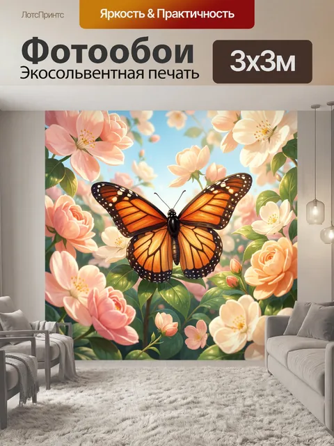 Фотообои Бабочка среди весенних цветов