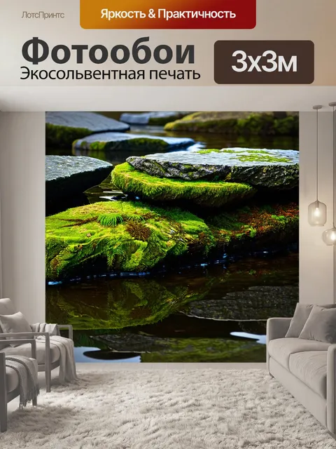 Фотообои камень: многослойные скалы, покрытые мхом и водорослями, в окружении отражающихся водных плит