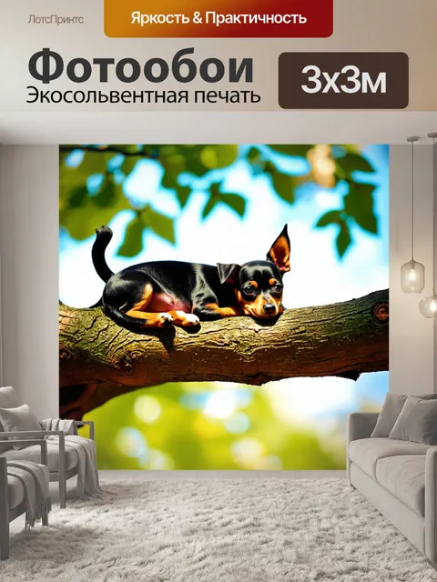 Фотообои спокойный момент, когда той терьер спит на ветке дерева в солнечный день