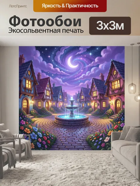 Фотообои Волшебный ночной квартал с фонтаном