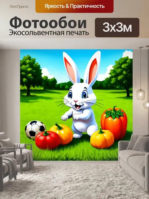 Фотообои забавный кролик, играющий в футбол с овощами на поле, окруженный зеленым природным пейзажем, выполненный в…
