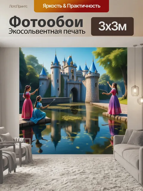 Фотообои замок с водяными живописцами, принцесса радуется