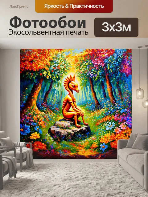 Фотообои на этой картине кокопелли изображен сидящим на камне, окруженном цветами и сказочными существами леса