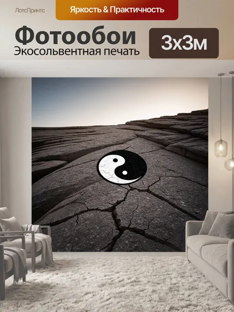 Фотообои на бесплодной скале, противоположные стороны – одна светлая, другая тёмная – обрамляют символ инь-ян…