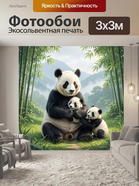 Фотообои Панда с детёнышами в бамбуке