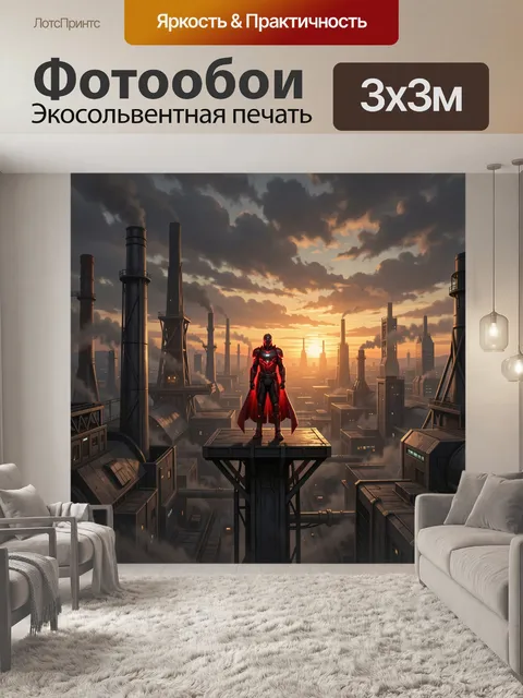 Фотообои Супергерой на фоне индустриального города
