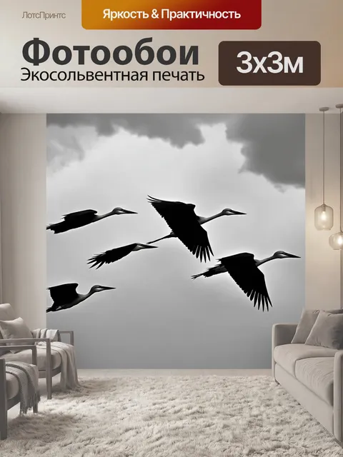 Фотообои черно-белый с изображением грациозных журавлей, взлетающих в небесах, их силуэты контрастируют с облаками
